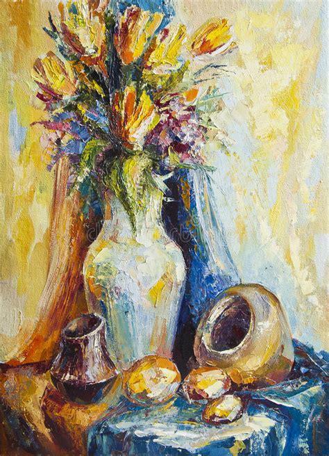 Still Life Of A Vase Of Flowers And Ceramic Vessels Stock Illustration