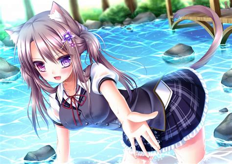 Anime Girl Long Hair Two Tail Smile School Uniform Water