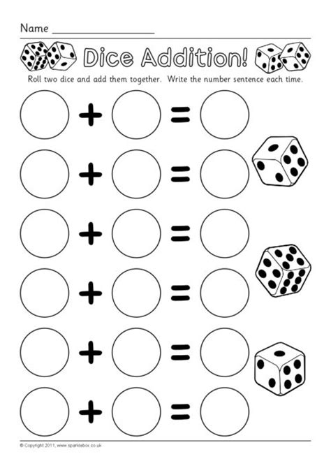 Addition With Dice Free Printable Black And White Worksheet Addition