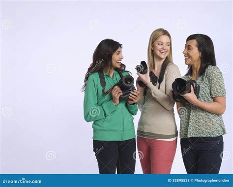 Happy Multiethnic Women With Cameras Stock Photo Image Of Copyspace