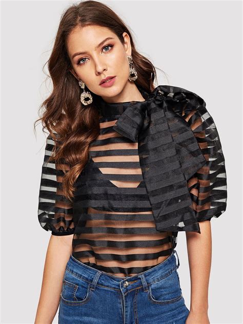 tie neck striped sheer top without bra fashion blouses for women top outfits