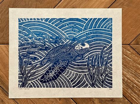 Sea Turtle Linocut Print Etsy