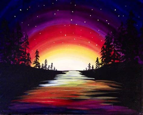 A Painting Of Trees And Water At Night With The Sun Setting In The Sky