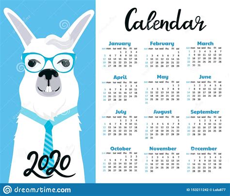 Calendar For 2020 Week Start On Sunday Business Llama With Eyeglasses