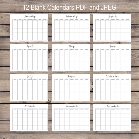12 Month Blank Calendar Printable Monthly Calendar 12 Month Etsy