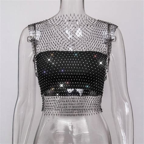 women rhinestones sexy vest mesh crop tops hollow out see through tank