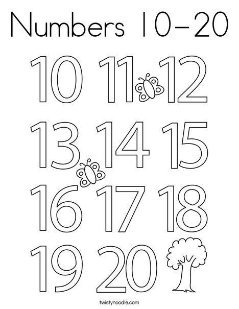 Numbers 10 20 Coloring Page Twisty Noodle Kindergarten Math Numbers