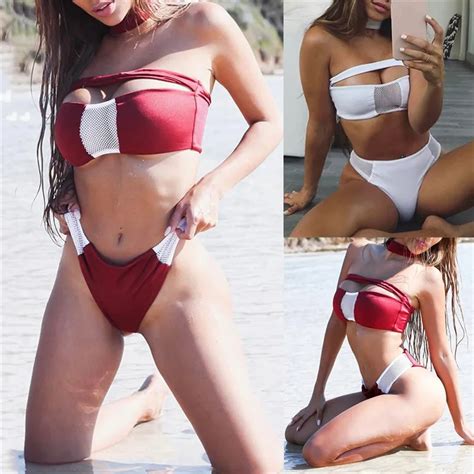 sexy women two piece bikini mesh stitching swimwear bandage push up padded swimsuit z0313