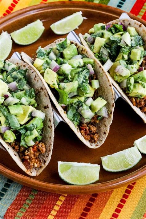 This hearty entrée uses half ground turkey and half lean ground beef and no added salt for a lower fat. Ground Turkey Green Chile Tacos with Avocado Salsa (Video ...