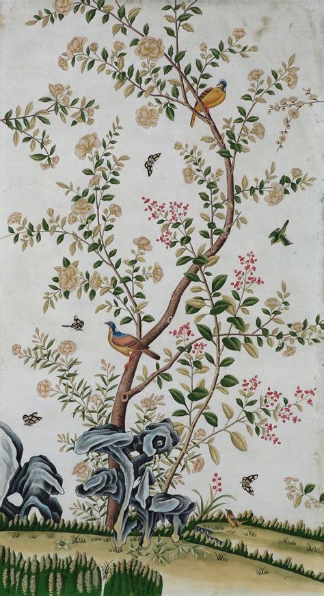 Chinoiserie Hand Painted Wallpaper Panels Of Birds And