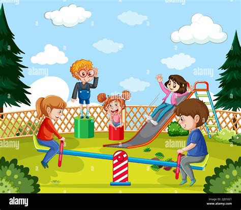 Happy Children Playing At Playground Illustration Stock Vector Image