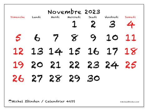 Calendrier Novembre 2023 46ds Michel Zbinden Fr