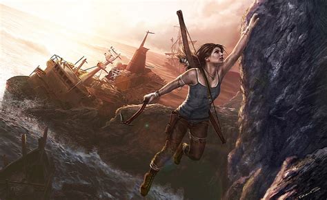 Lara Croft A Survivor Is Born Woman On Cliff Digital Wallpaper Games
