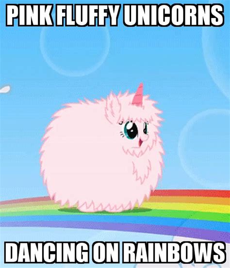 A Pink Fluffy Unicorn Sitting On Top Of A Rainbow Colored Field With