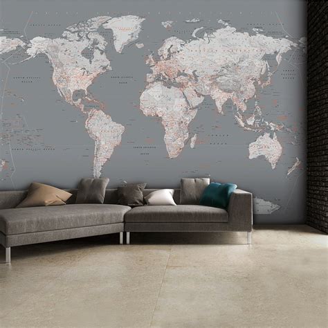 Detailed Silver Grey World Map Feature Wall Wallpaper
