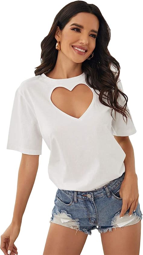 Floerns Women S Casual Heart Shape Cut Out Short Sleeve T Shirt Tee Top