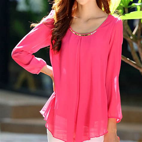 Buy Long Sleeve Chiffon Blouse Hot Pink By Style Bun On Opensky