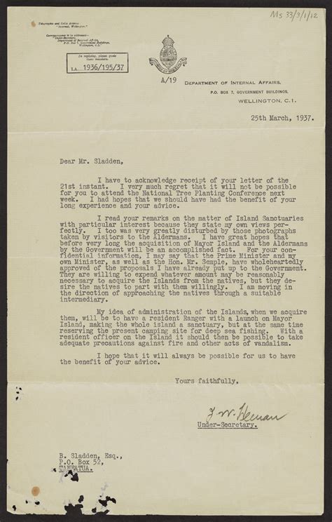 Letter From Joseph William Allan Heenan Under Secretary Of Department