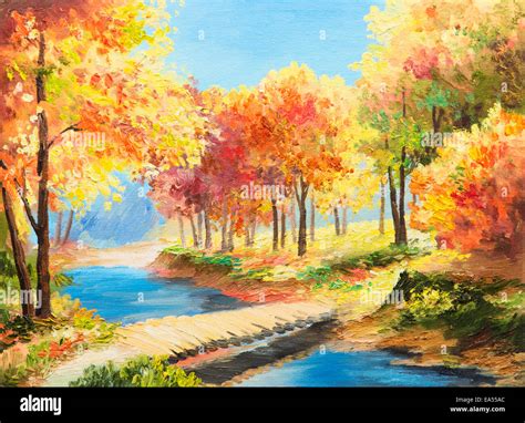 Oil Painting Landscape Colorful Autumn Forest Beautiful River Stock