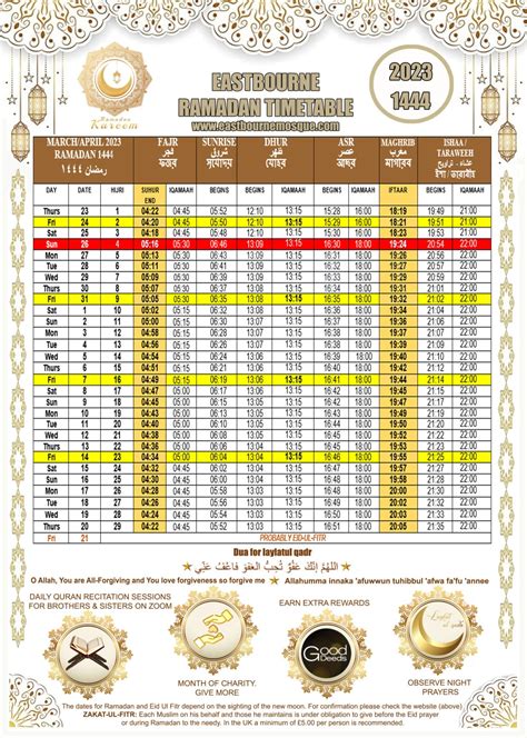 Ramadan 2023 Prayer Timetable Eastbourne Mosque