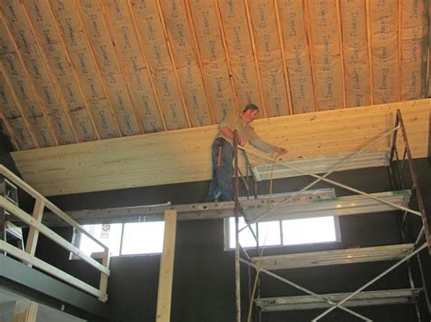 Wood on a ceiling creates warmth and intimacy in a room. Building The Turner House: The start of a knotty pine ceiling