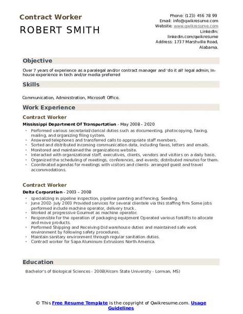 Contract Worker Resume Samples Qwikresume