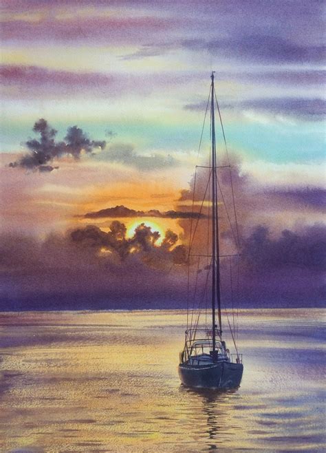 Sailboat Yacht Art Seascape Sea And Sky Yacht Sunset 2019
