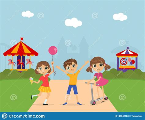 Cute Children At Amusement Park Summer Landscape With Carousels And
