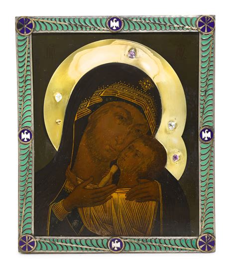 A Gem Set Silver Gilt And Cloisonné Enamel Icon Of Our Lady Of Kazan