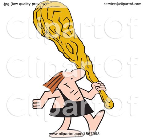 Clipart Of A Cartoon Caveman Walking With A Giant Club Royalty Free