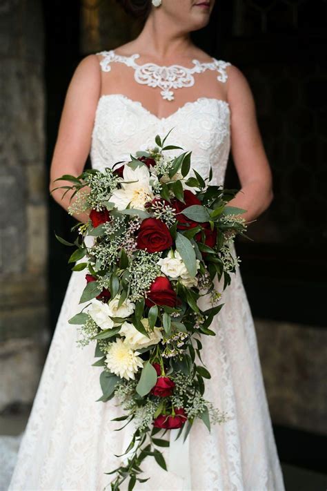 Cascade Wedding Bouquet With Burgundymaroon Accents By Carolyn Valenti