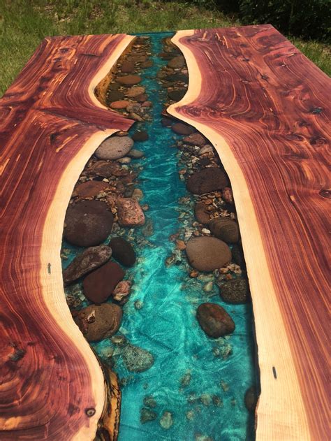 Cedar Live Edge River Dining Table With Stone Resin Etsy Epoxy
