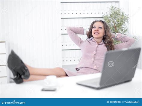 Dreaming Business Woman Relax Sitting At Her Desk Stock Image Image