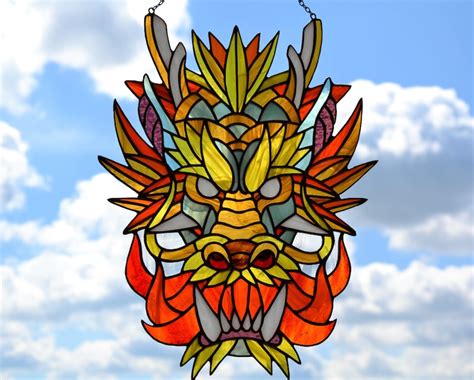 Chinese Dragon Stained Glass Panel Window Hanging Suncatcher Etsy