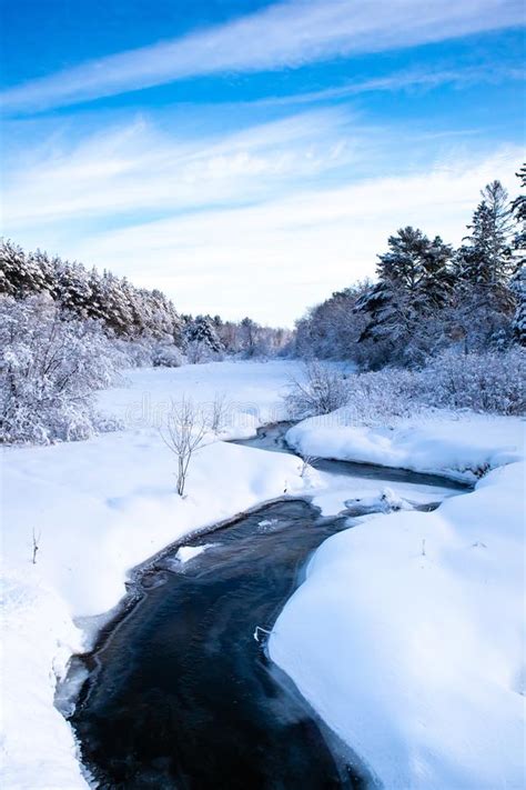 Stream Running Through A Snow Covered Wisconsin Forest With Snow