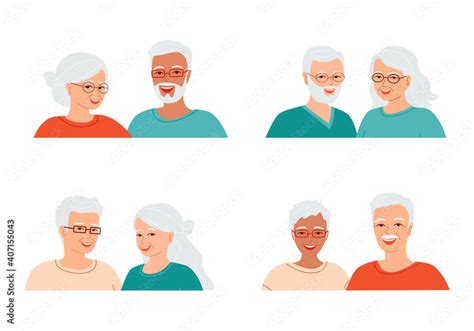Set Of Avatars Of Smiling Gray Haired Senior People Of Different