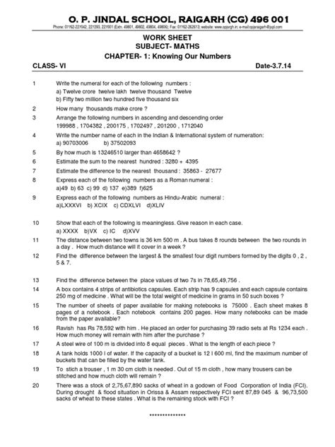 Cbse Class 6 Maths Knowing Our Numbers Worksheets Pdf