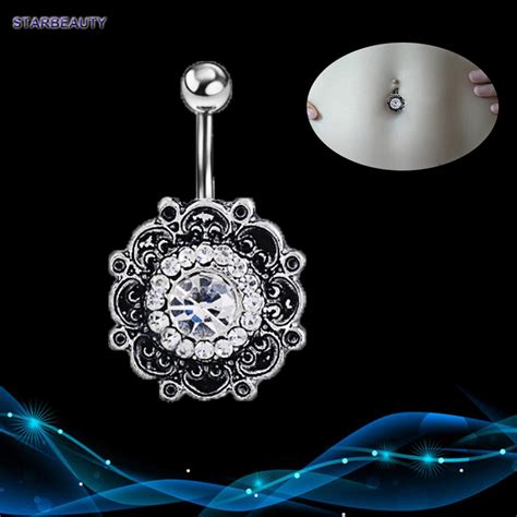 Vintage Flower Navel Piercing Crystal Belly Button Rings Summer Body