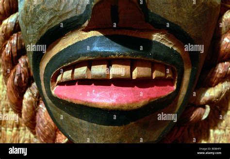 Native American Wood Carving Closeup Showing Teeth Lips And Part Of