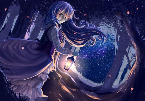 Wallpaper Forest Illustration Night Anime Lantern Blue Universe