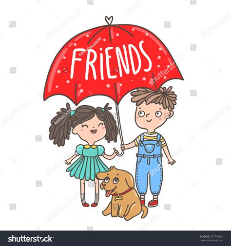 Download Cute Cartoon Kids Umbrella Puppy Friends Stock Vector ...