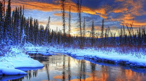 Snow Winter Mountains Trees River Sunset Wallpaper Nature And Landscape Wallpaper Better