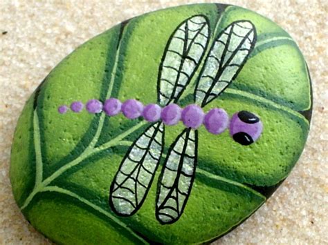 Unique Ooak 3d Art Purple Dragonfly On Chartreuse Leaf Painted Rock