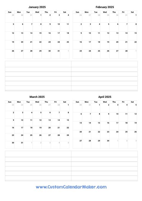 January To April 2025 Printable Calendar