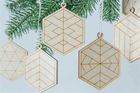 Set Of 6 Geometric Christmas Ornaments Wood Xmas Decorations Etsy
