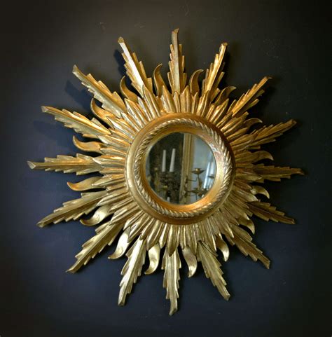 Mid Century Double Gilt Wood Sunburst Mirror In Antique Circular