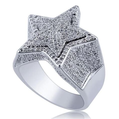 18k White Gold Finish Iced Out Star Ring In 925 Sterling Silver Star