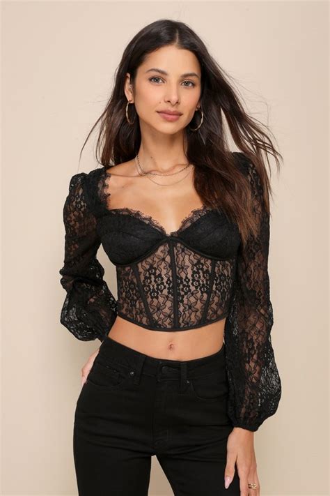 Black Sheer Lace Top Lace Bustier Top Cropped Bustier Top Lulus