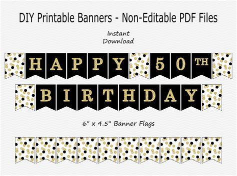 Happy 50th Birthday Banner Black And Gold Glitter Confetti Etsy