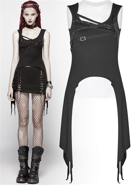 Gothic Womens Black Sleeveless Top With Long Double Pointed Sides And